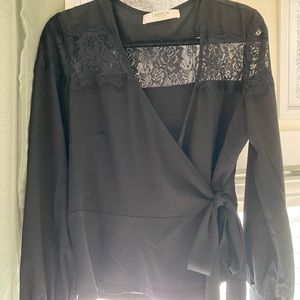 Black Wrap Blouse with tie and Lace on Top